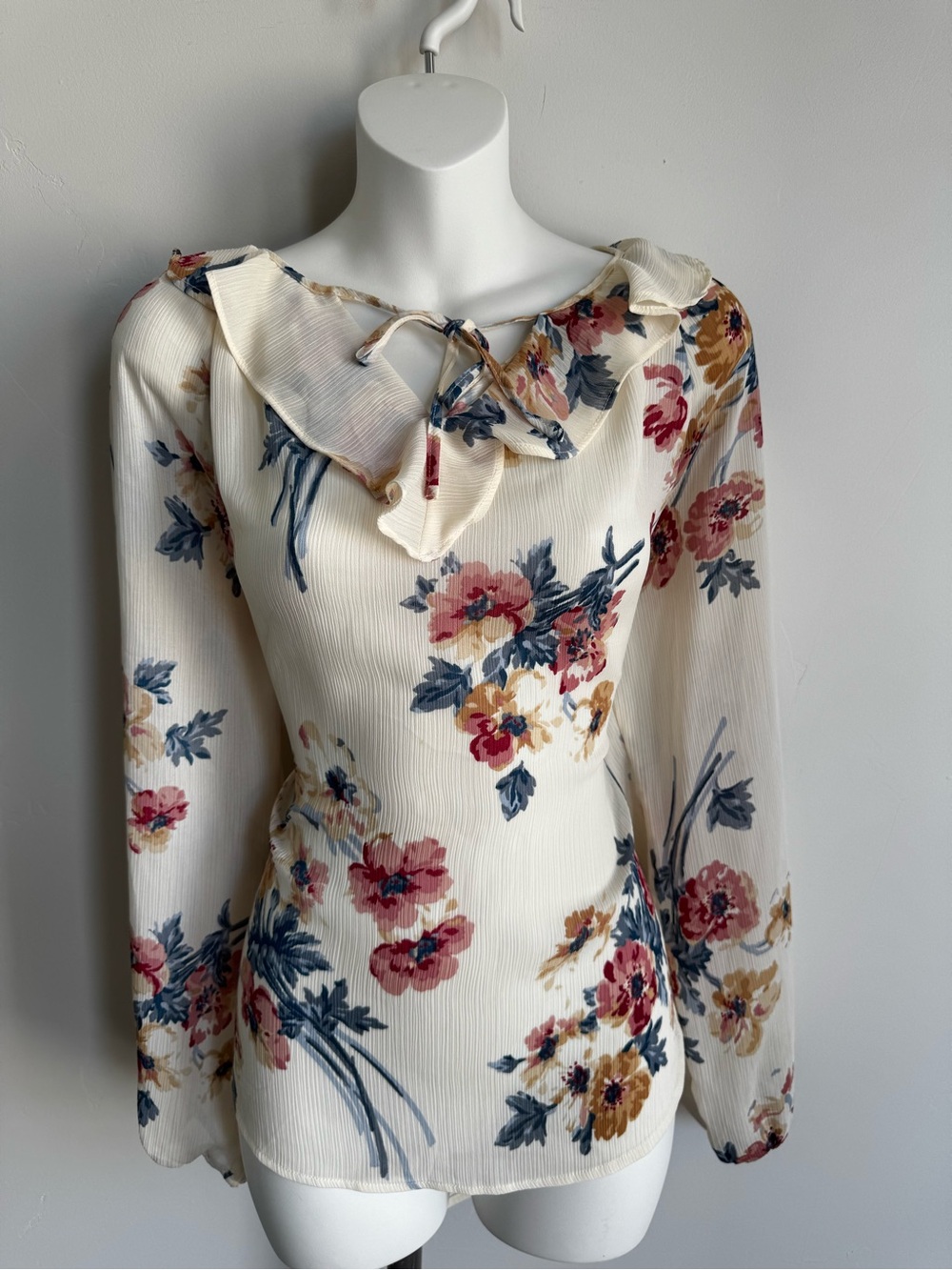 Chaps Cream Floral Ruffle-Neck Long-Sleeve Blouse